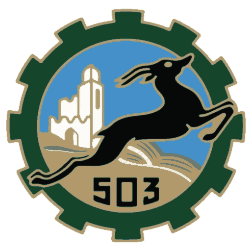 Insigne du 503e régiment du train : sloughi bondissant devant un ksar, dans une roue dentée